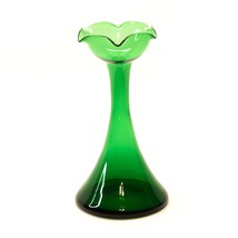 Vintage Forest Green Glass Trumpet Scalloped Rim Flower Vase 8&quot; height - £14.83 GBP