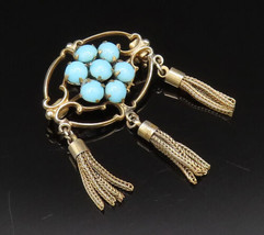 925 Silver - Vintage Gold Plated Floral Turquoise Tassel Brooch Pin - BP9772 - £29.41 GBP