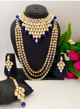 Indian Bollywood Ethnic Long Necklace Earring Choker Tikka Jewelry Set Blue - £30.79 GBP