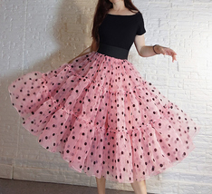 Pink Polka-Dot Puffy Tutu Skirt Outfit A-line Layered Plus Size Puffy Midi Skirt image 2