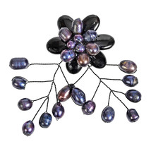 Nature Loving Polished Black Agate Stone and Pearl Floral Brooch Pin - £9.92 GBP
