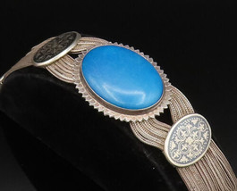 925 Silver - Vintage Oval Blue Howlite &amp; Fleur De Lis Multi Row Bracelet... - £198.98 GBP