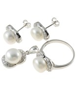 Sterling Silver White Freshwater Pearl Full Parure Jewelry Set Ring Pend... - £23.47 GBP