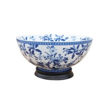 Oriental Blue and White Porcelain Floral Motif Bowl 14&quot; Diameter with Stand - £197.83 GBP