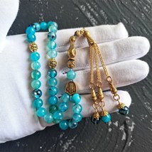Islamic Misbaha rosary natural blue agate stone muslim tasbih prayer beads Ramad - £24.88 GBP