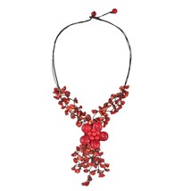 Adorable Red Coral Stone Flower Cluster Rain Necklace - £15.49 GBP