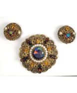 VTG West Germany Aurora Borealis Amber Topaz Rhinestone Faux Pearl Brooc... - $254.07