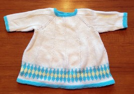 Hand Made Knit Dress Baby White Blue Cotton Size 6 - 9 Months Vtg Ducky Button - £11.64 GBP