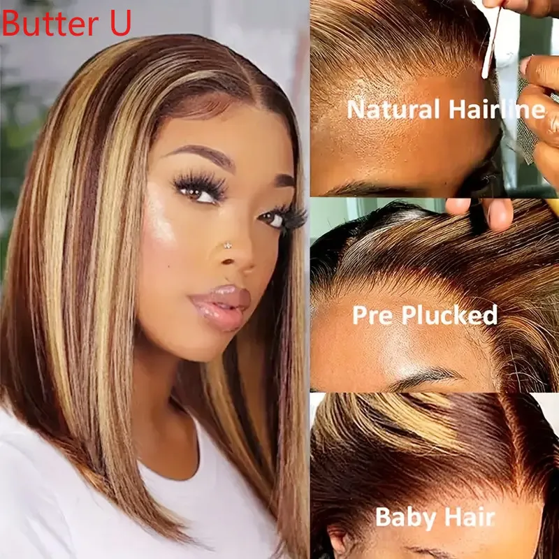 Ombre Honey Brown Short Bob Straight Hair Wigs 13*4 Lace Front Human Hair Wigs - £51.69 GBP+