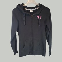 PINK Victorias Secret Sweatshirt Womens XS Love Pink Black Hooded Full Zip Up - £14.98 GBP