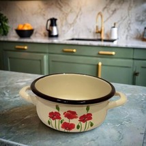 EMALIA OLKUSZ Cooking Pot 1907 Red Floral Cream Enamelware Handles Black Trim - £43.09 GBP