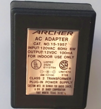 Archer 15-1957 AC Adapter / Power Supply, 12 Volt 100m, Positive (+) Bar... - $11.87