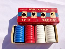 Vintage LUCKY POKER CHIPS Plastic Interlocking Washable USA Red Blue Whi... - $14.95
