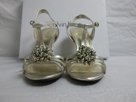 Calvin Klein Size 6.5 M Rajah Leather Metallic Open Toe Heels New Womens Shoes - £77.52 GBP