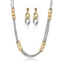 Stainless Steel Necklace Earrings Set for Women Gold Color Cuban Chain Mix Silve - £17.00 GBP