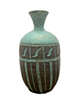 Vase Pottery Studio Art Turquoise Black Carved 7 Inches Tall Signed M. Thompson - $37.26