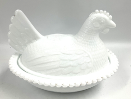 Vintage Indiana White Milk Glass Chicken Hen On Nest Covered Bowl Candy Dish Lid - £31.64 GBP