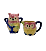 Vintage Owl Creamer  &amp; Sugar Set Multicolor 1970s Made in Japan - $27.04