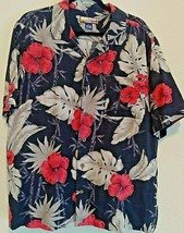 Havana Jack&#39;s Cafe 100% Silk Black Hawaiian Print Resort Shirt Size L Hi... - £20.31 GBP