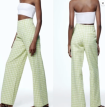 70s Retro Zara High Waist Wide Leg Pants Gingham Plaid Womens XL Cotton Blend - $44.88