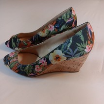 Liz Claiborne Womens Sandals 8.5M Wedge Multicolor Floral Cork Peep Casual - $20.13 CAD