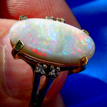 Natural Opal Diamond Deco Engagement Ring Hand made Solitaire Solid 14k Gold - $4,745.25