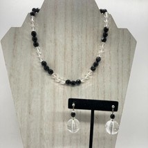 Vintage Set 15&quot; Faceted Black Clear Bead Necklace Pierced Dangle Earrings - £14.32 GBP