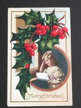 Merry Christmas Girl Reading Holly Gold Embossed Whitney Made Antique Po... - $7.99