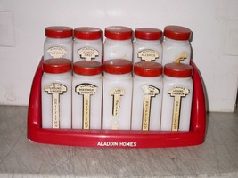 Vintage Griffith&#39;s Milk Glass Spice Jars Red Metal Tops Set of 10 Aladdi... - $39.99