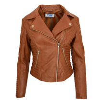 DR206 Women&#39;s Soft Leather Cross Zip Biker Jacket Tan - £128.38 GBP