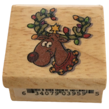 Christmas Rubber Stamp Reindeer with Lights in Antlers Smiling Small Holidays - £2.34 GBP