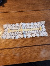 Hand Crochet White Doily Yellow Ribbon Vintage Rectangle Tabletop Decor 12x4.5 - £5.25 GBP