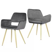 Set of 2 Modern Dark Grey Velvet Upholstered Dining Chair with Gold Meta... - $356.49