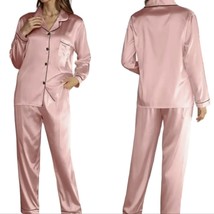 Satin Pink Pajama Set Classic Button Down Loungewear Long Sleeve Size L - £27.74 GBP