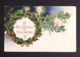 A Merry Christmas &amp; Happy New Year Wreath Holly Series Embossed Postcard c1910s - £7.86 GBP