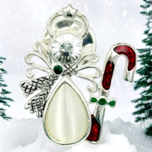 KC Vintage ANGEL Brooch Pin Halo Teardrop Dress Silver Tone w Candy Cane Signed - £9.41 GBP