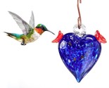 Heart Hummingbird Feeder 5.5&quot; High Hanging Colored Blue Glass with S-Hoo... - $44.54