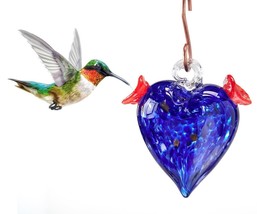 Heart Hummingbird Feeder 5.5" High Hanging Colored Blue Glass with S-Hook Hanger