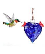 Heart Hummingbird Feeder 5.5&quot; High Hanging Colored Blue Glass with S-Hoo... - £34.84 GBP