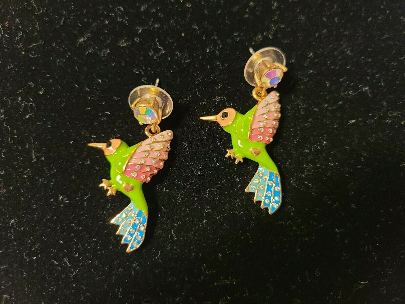 Primary image for Vintage Betsey Johnson Secret Garden Hummingbird Dangle/Drop Pierced Earrings