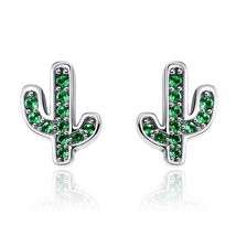 BAMOER Hot Sale 925 Silver Dazzling Green Cactus Crystal Stud Earrings for Women - £17.54 GBP