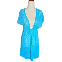 Blue Swim Suit Cover Up Medium Tie Waist Beaded Crochet Pool Beach Lake ... - $14.94