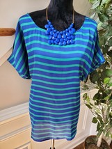 Hot in Hollywood Womens Blue Striped Polyester Round Neck Short Sleeve Blouse XL - £19.18 GBP