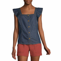 a.n.a. Women&#39;s Square Neck Short Sleeve Blouse XX-LARGE Dark Wash Button Front - $17.79