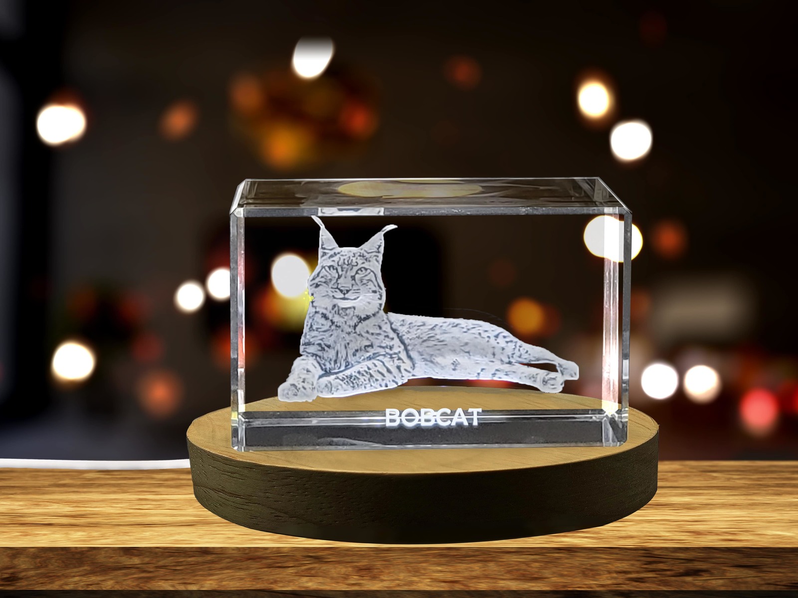 LED Base included | Unique 3D Engraved Crystal with Bobcat Design - Perfect Gift