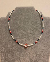 Evil eye necklace coloured polymer charm seed beads summer white handmade choker - £15.80 GBP