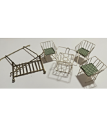 Dollhouse Furniture White Wire Table &amp; 3 Chairs Plaid Green/White Vintage - $348.88 MXN