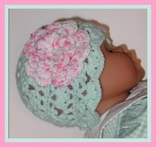 Lacy Baby Hat Girls Mint Light Green Babies Girls 6-12 Months Flower White - £10.22 GBP