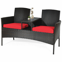 Patio Rattan Conversation Set Loveseat Sofa Cushioned Coffee Table Red - £191.00 GBP