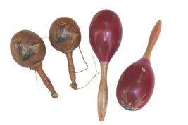 2 Pair Vintage Maracas Percussion Gourds Mexico Red Pair &amp; Natural Pair Shakers - £10.39 GBP